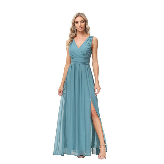 European And American Style Women Chiffon Double V-neck Sleeveless A- Line Evening Dress - Cruish Home