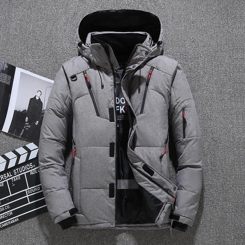 Men's Short Winter Thick White Duck Down Hooded Jacket Multi-pocket Outdoor Set - Cruish Home