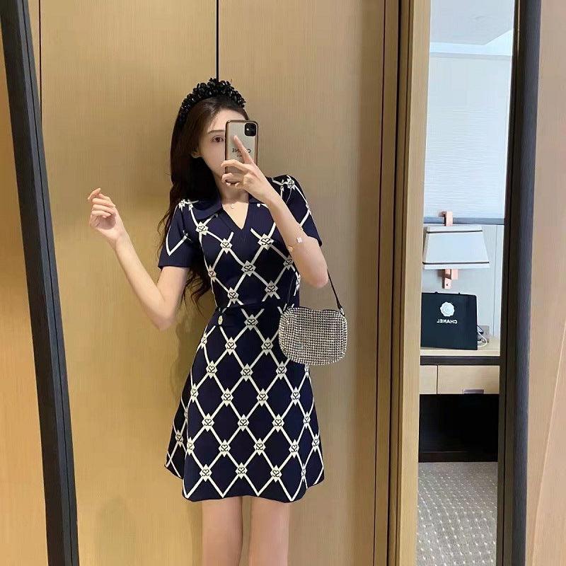 Letter Diamond Plaid Knitted Dress Women's V-neck Short Sleeve A- Line Skirt - Cruish Home