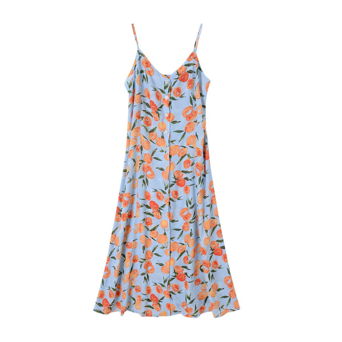 French Strap Single-breasted Dress Fruit Orange Printed Vacation Style Mid-length Dress - Cruish Home