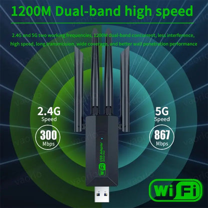 1200Mbps WiFi USB Adapter Dual Band 2.4G+5Ghz Wi-Fi Dongle 4 Antenna