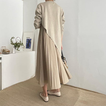 Autumn Elegance Retro Round Neck Irregular Design Loose Casual Patchwork Pleated Dress Women - Cruish Home