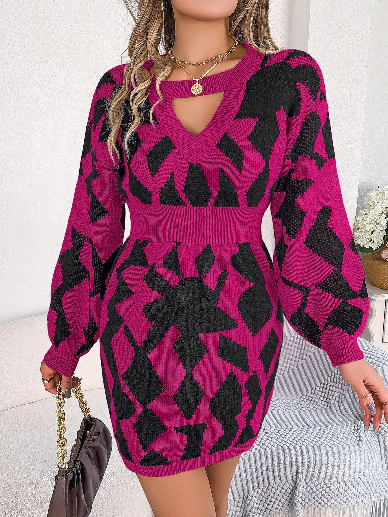 Color Matching Hollow Out Lantern Sleeve Fitted Waist Sweater Dress - Cruish Home