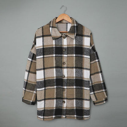 Women's Long-sleeved Lapel Button-breasted Plaid Shirt Jacket - Cruish Home