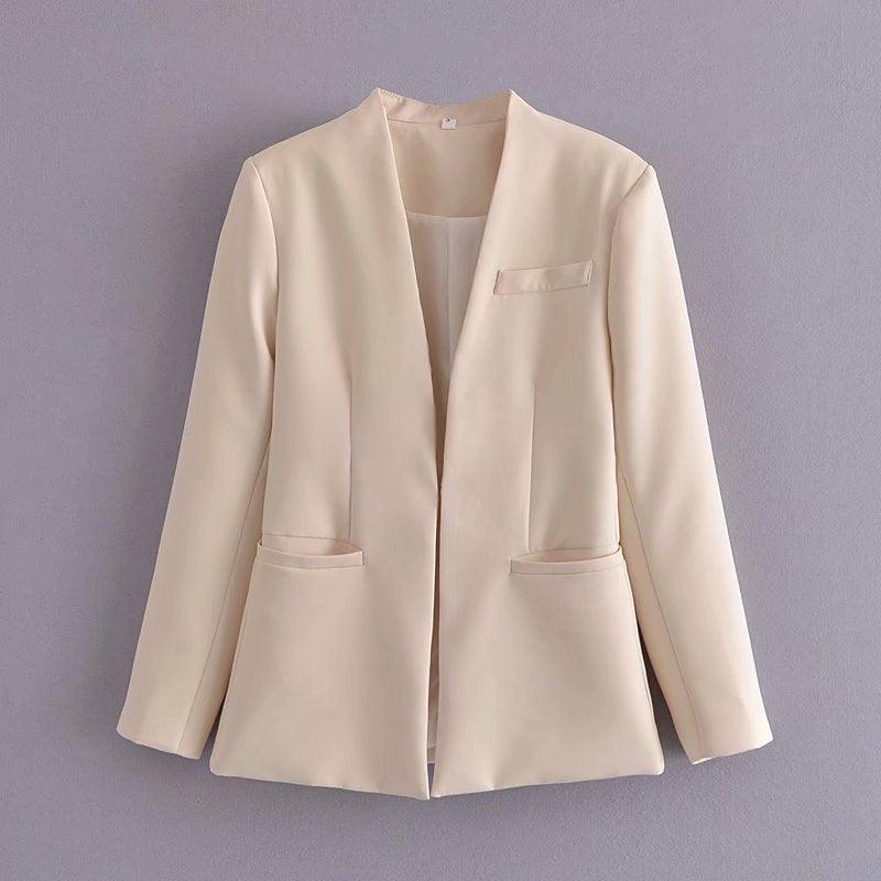 New Women's Suit Jacket Without Lapel Solid Color Long-sleeved Collar Pants - Cruish Home