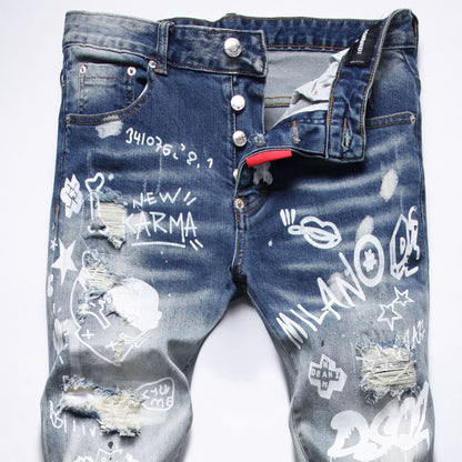 Cloth Liner Patch Random Line Embroidery Hole Digital Printing Stretch Small Straight-leg Jeans