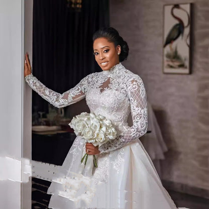 African Bridal Lace Long Sleeve Stand Collar Wedding Dress