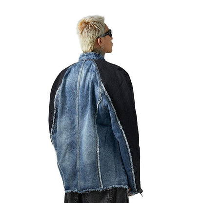 Heavy Industry Distressed Cat Raw-cut Edges Color Matching Machete Sleeve Wash Stand Collar Denim Coat - Cruish Home