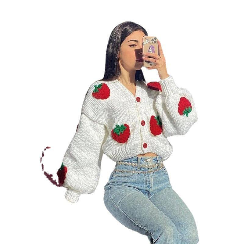 Female Cute Strawberry Loose V-neck Cardigan Sweater - Cruish Home