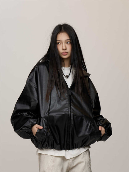 Women's Black Hooded Leather Coat