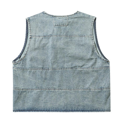 Denim Vest Men's Loose Casual High Street Patchwork Round Neck Coat - Cruish Home