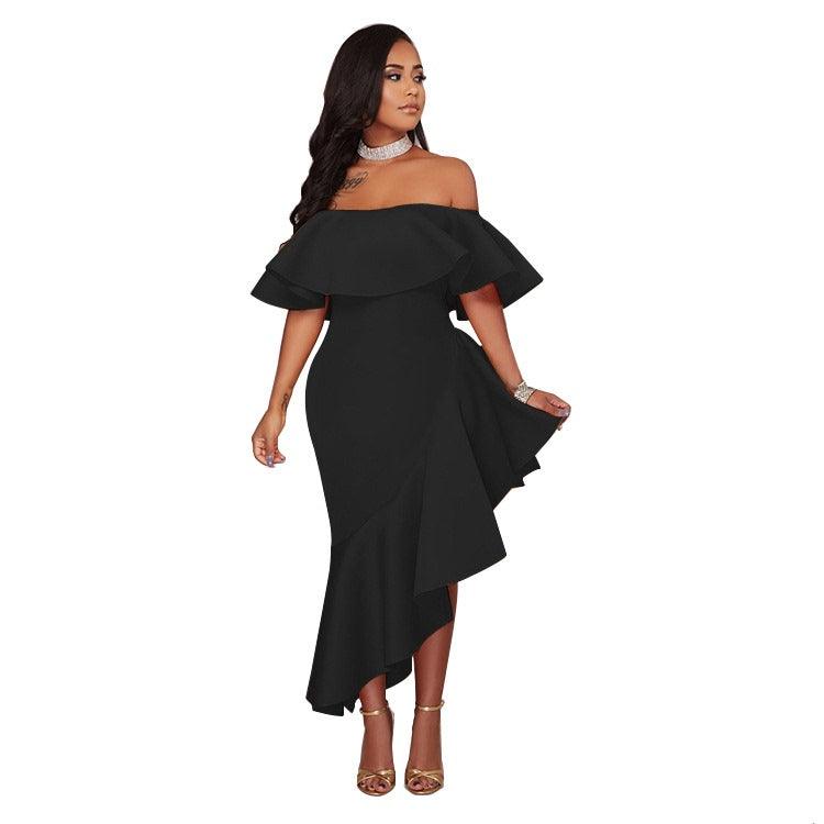 One-line Neck Ruffled Backless Ladies Dress Dress Long Skirt - Cruish Home