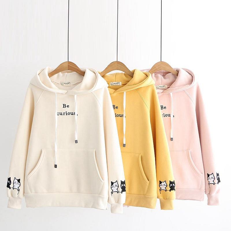 Japanese College Style Letters Cartoon Cat Embroidery Velvet Loose Hooded Sweater For Women Fleece Shirt - Cruish Home