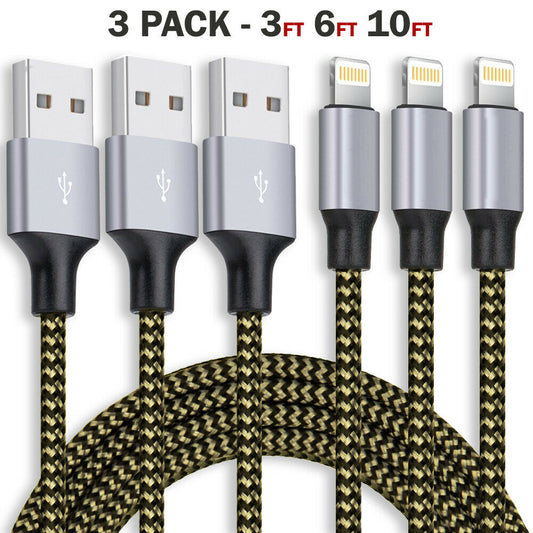 3 Pack Fast Charger USB Cable for iPhone & iPad Charging