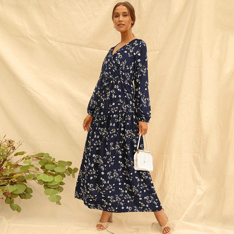 V-neck Long-sleeved Printed Skirt Long Floral Dress - Cruish Home