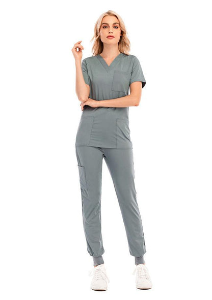 Solid Color V-neck Short-sleeved Pocket Nurse Suit - Cruish Home