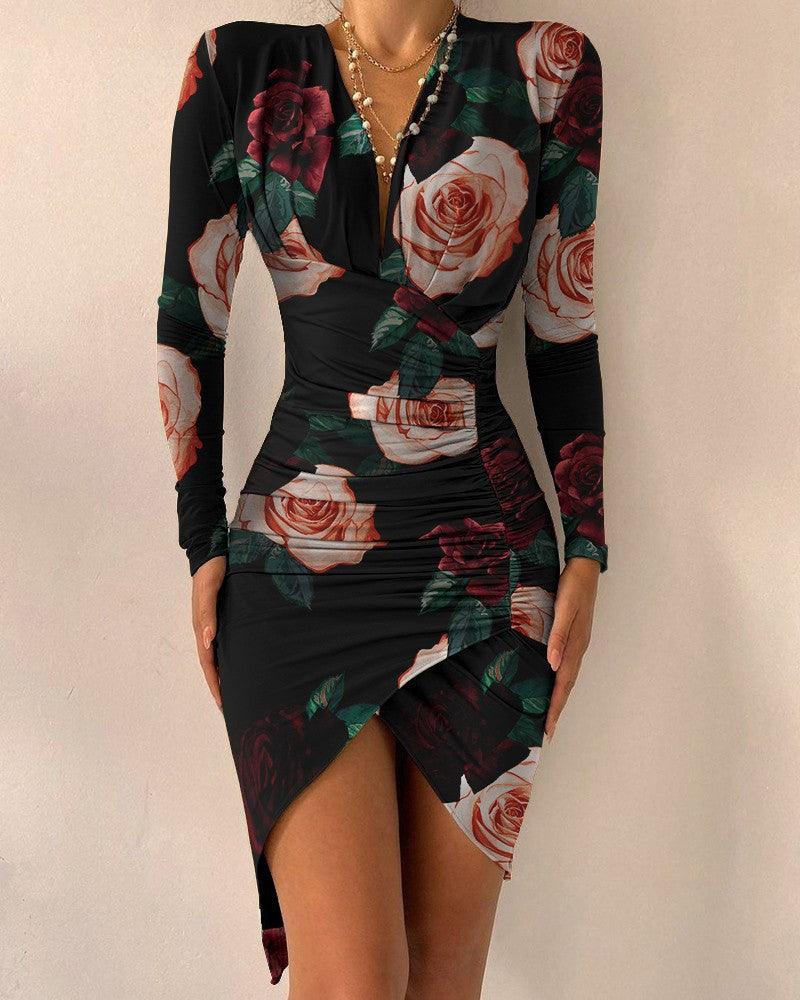 Autumn And Winter Long Sleeve V-neck Printed Tight Split Dress Women's Clothing - Cruish Home