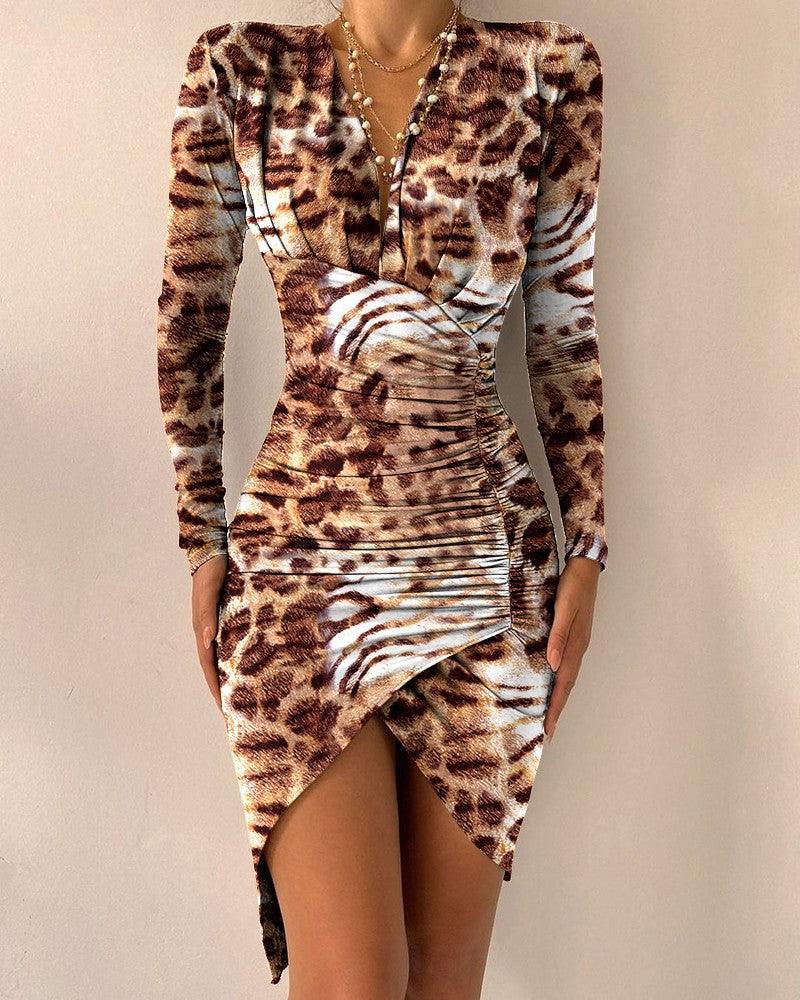 Autumn And Winter Long Sleeve V-neck Printed Tight Split Dress Women's Clothing - Cruish Home