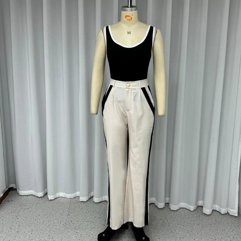 Autumn New Contrast Color Suspenders Slim High Waist Trousers Two-piece Set For Women - Cruish Home