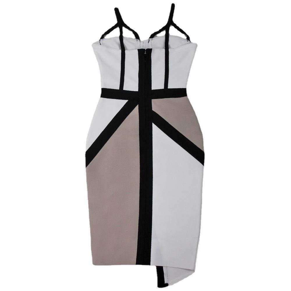 Color Block Sexy V-neck Sleeveless Hip Spaghetti Straps Skirt Dress - Cruish Home