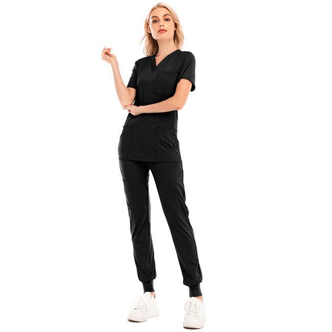 Solid Color V-neck Short-sleeved Pocket Nurse Suit - Cruish Home