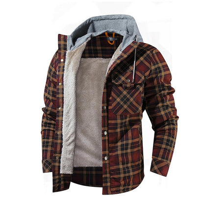 Men Warm Jacket Fleece Lining Lumberjack Plaid Hooded Jackets Snap Button - Cruish Home