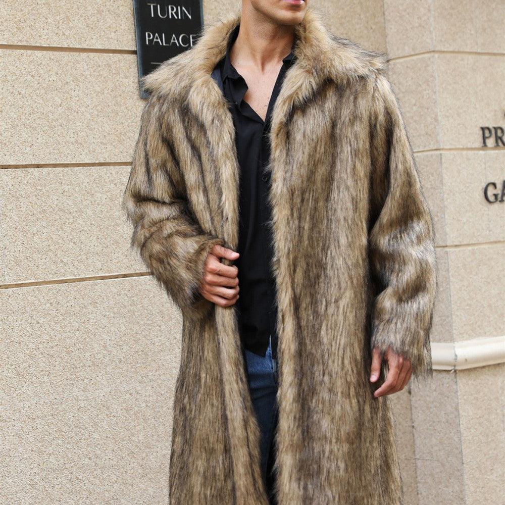 Yellow Lapel Imitation Fox Fur Men's Long Coat - Cruish Home