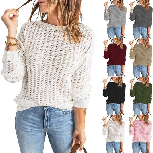 Knitted Sweater Crew Neck Cutout Top Women's Sweater - Cruish Home