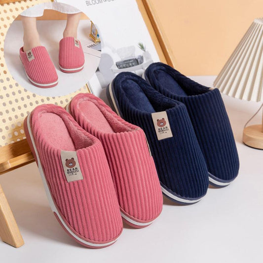 Solid Color Striped Slippers For Women Thick-soled Anti-slip Indoor Warm Plush Home Shoes Couple Women Men Slipper Winter - Cruish Home