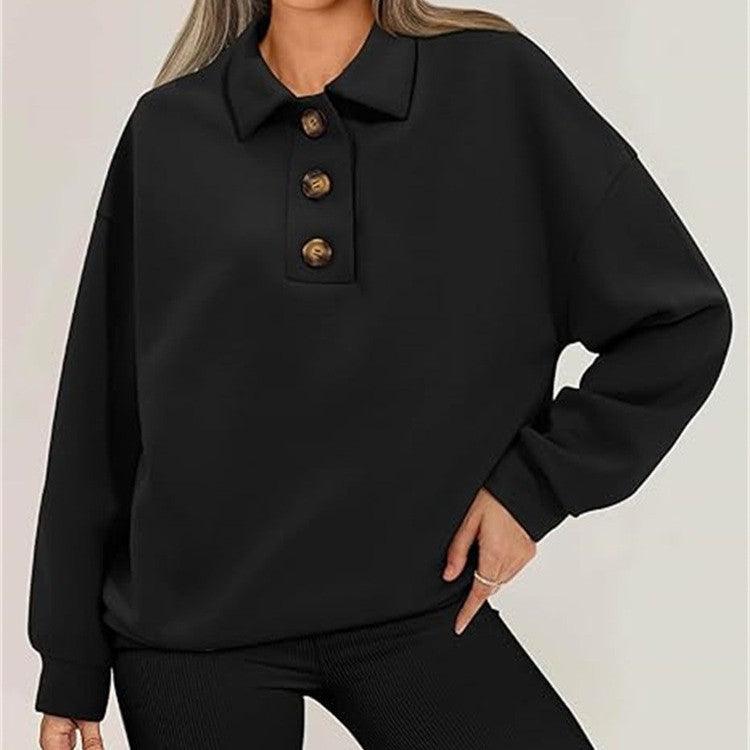 Solid Color Polo Collar Loose Long Sleeve Sweatershirt - Cruish Home