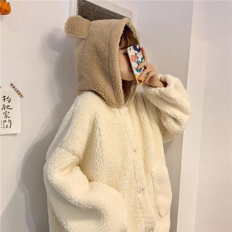 Cute Bear Ear Coat For Women Lamb Wool Winter Cardigan Top - Cruish Home