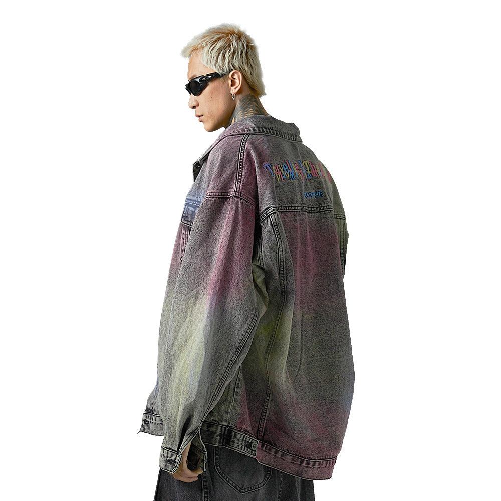 Colored String Spray Embroidery Denim Coat Tie-dyed Washed And Worn Loose - Cruish Home