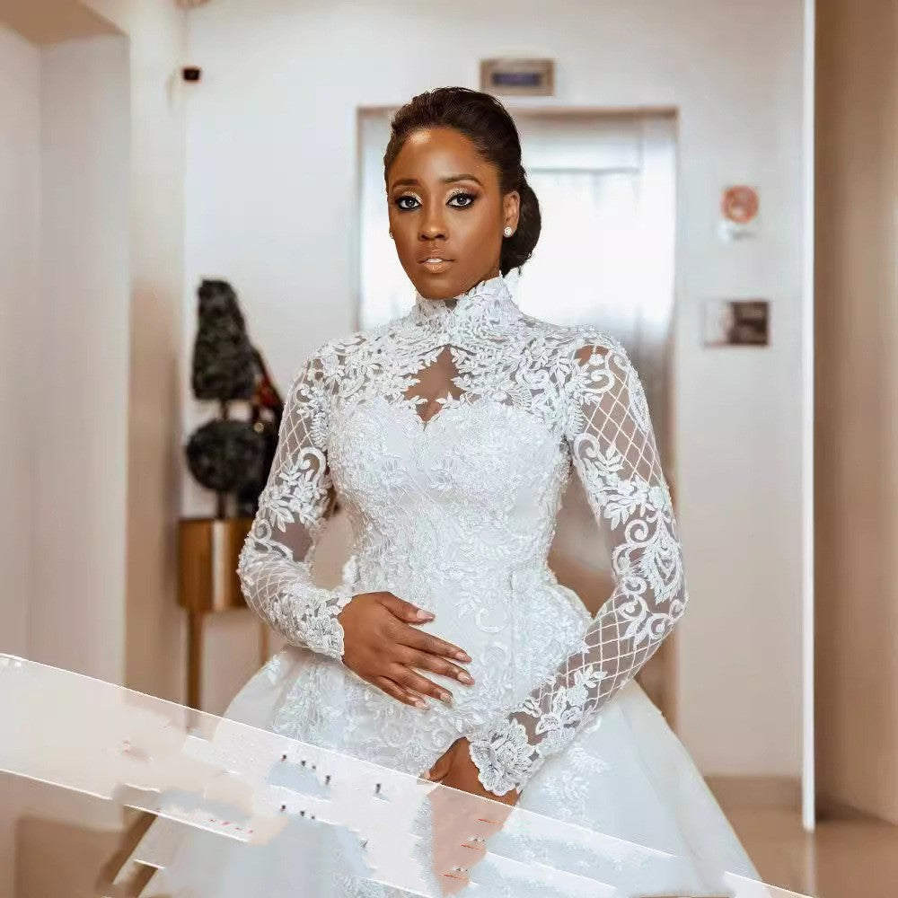 African Bridal Lace Long Sleeve Stand Collar Wedding Dress