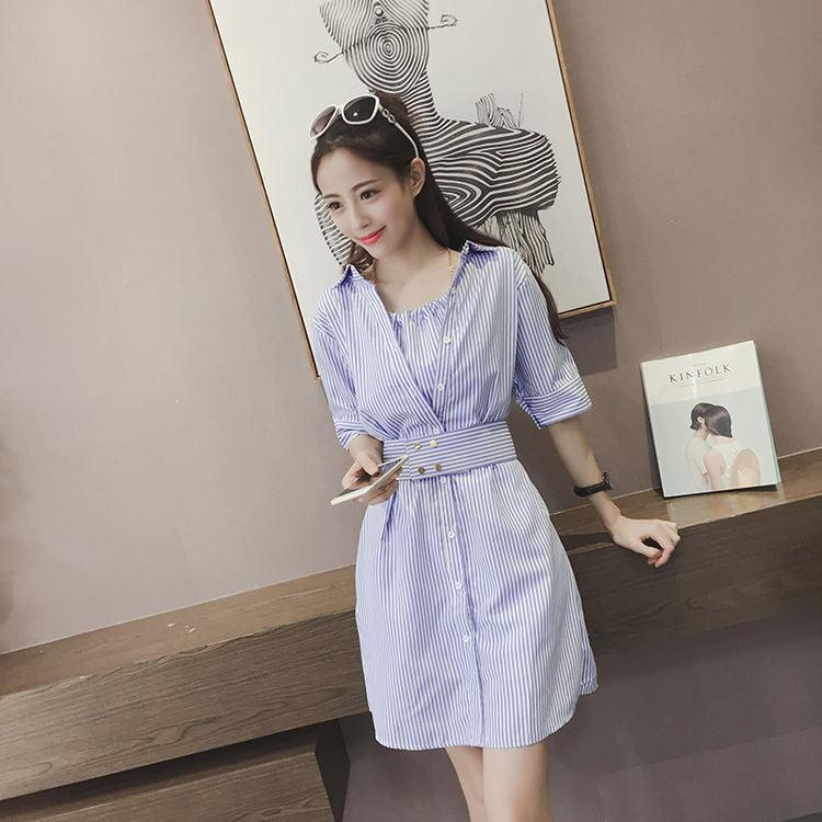 Shirt Striped Fake Two-piece Dress With Belt - Cruish Home