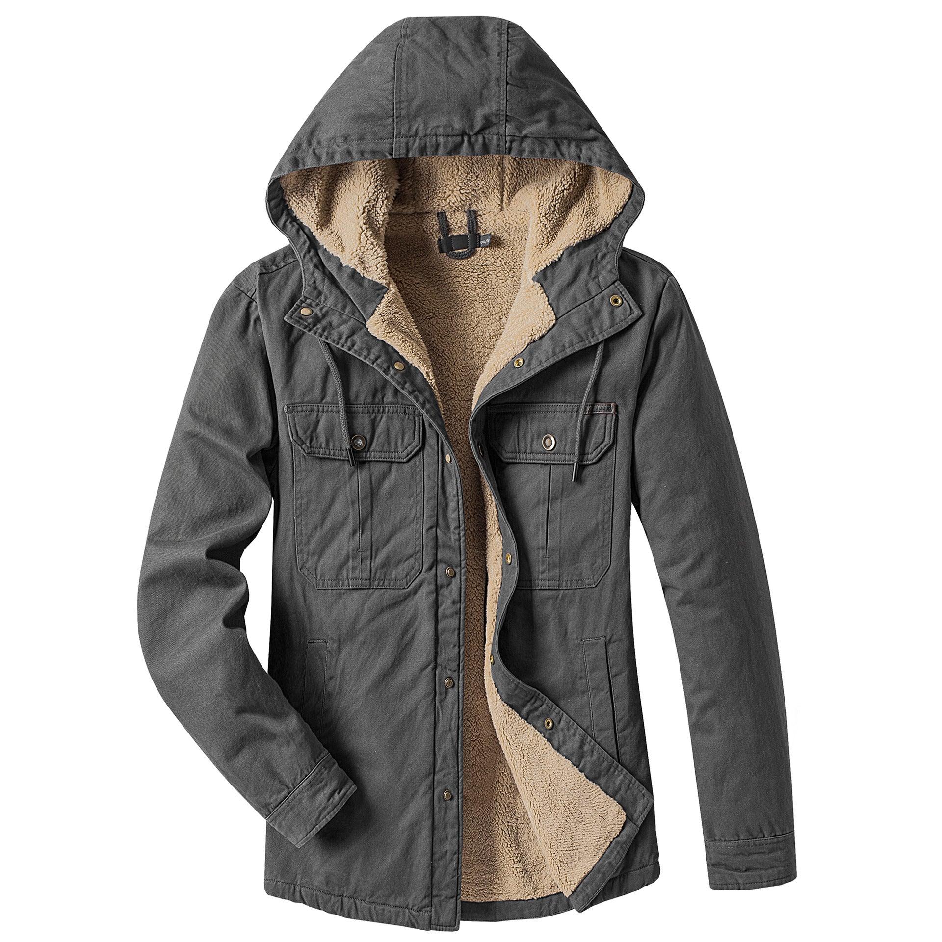 Fleece-lined Solid Color Jacket Casual Long Sleeve Shirt Fall Winter Hooded Berber Fleece Coat - Cruish Home