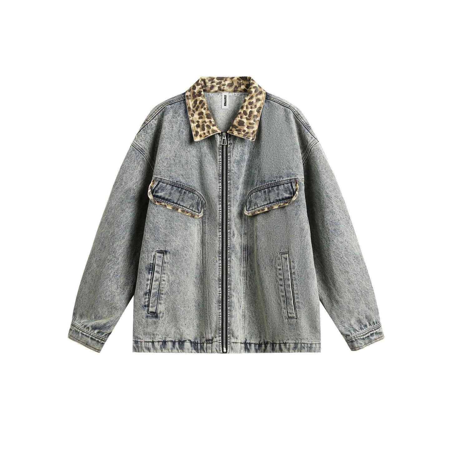 American-style Retro Street Washed Leopard Print Lapel Denim Jacket