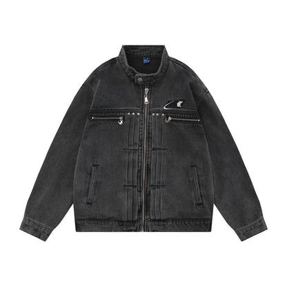 Washed And Worn Zipper Pocket Denim Jacket - Cruish Home