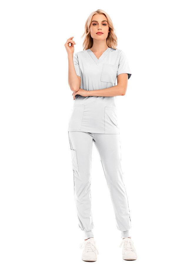 Solid Color V-neck Short-sleeved Pocket Nurse Suit - Cruish Home