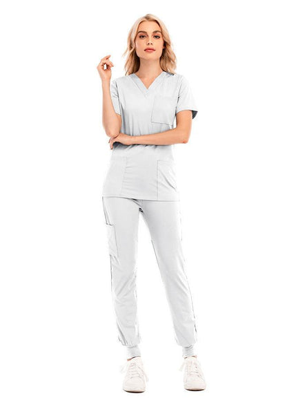 Solid Color V-neck Short-sleeved Pocket Nurse Suit - Cruish Home