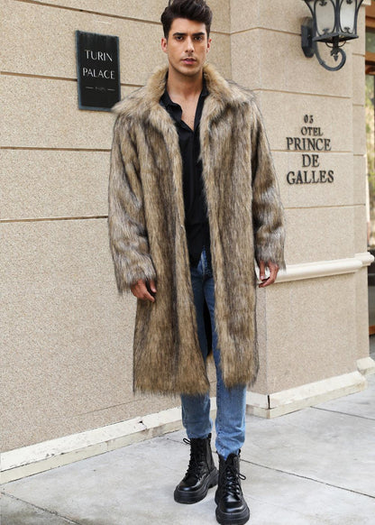 Yellow Lapel Imitation Fox Fur Men's Long Coat - Cruish Home