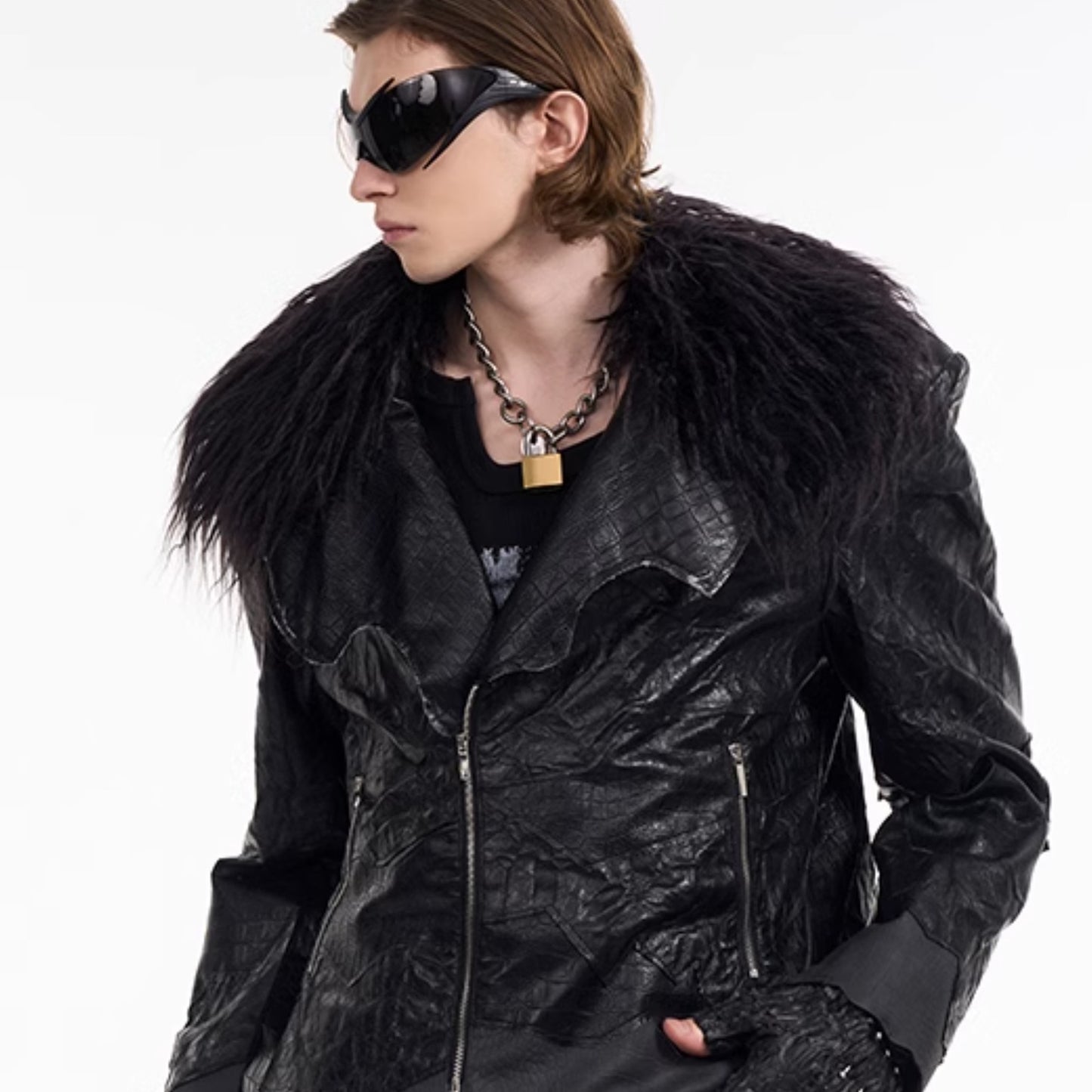 Fur Collar Cropped Leather Coat