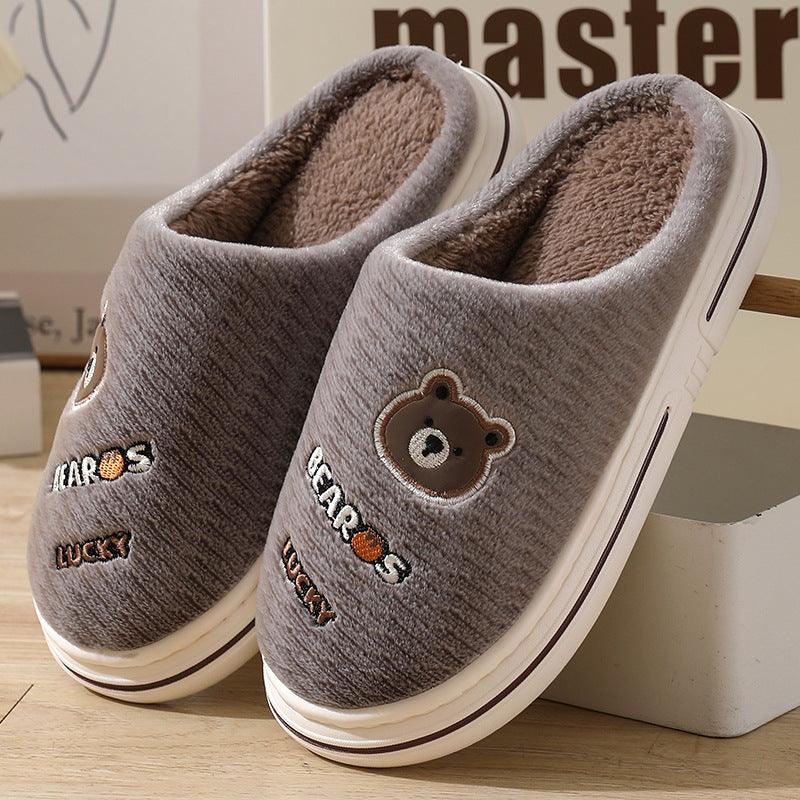 Cartoon Bear Plush Slippers For Women Autumn And Winter Warm Home Shoes Couple Thick-sole Non-slip Fashion Furry Slipper Men - Cruish Home