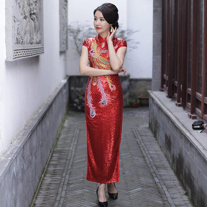 Improved Cheongsam Autumn Winter Red Wedding Mother's Clothing Long Short Sleeve Split Phoenix Ethnic Style Dress - Cruish Home