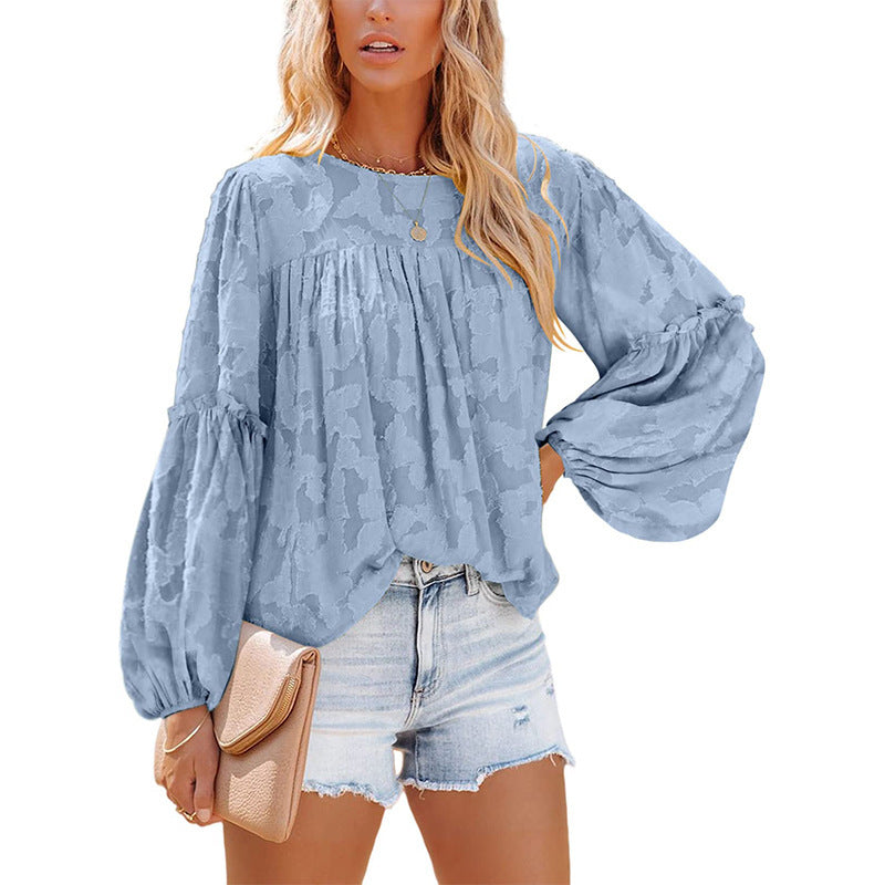 Chiffon Jacquard Floral Texture Lantern Sleeve Shirt