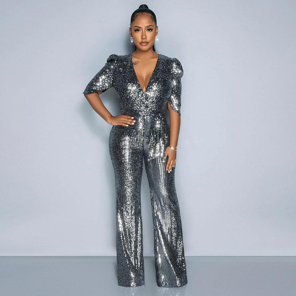 V-neck Half-sleeve Slim Fit Sequined Party Jumpsuit - Cruish Home