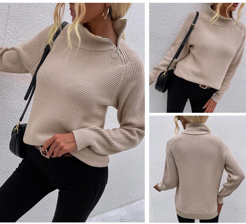 Solid Color Turtleneck Zipper Sweater Blouse - Cruish Home