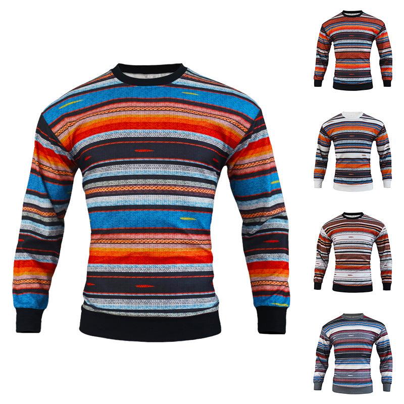 Men's Loose Round Neck Waffle Color Stripe Versatile Casual Bottomed Sweater - Cruish Home