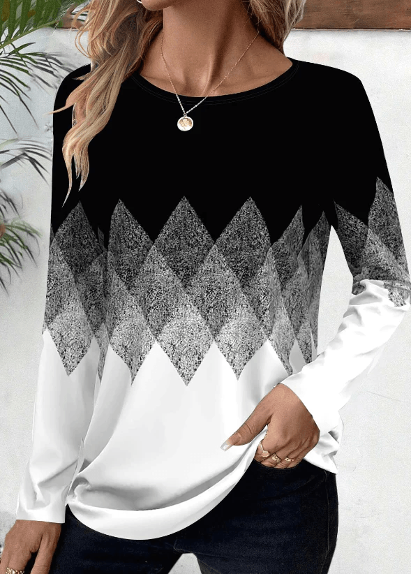 Women's Clothing Digital Positioning Printing Round Neck Long Sleeve Top Female - Cruish Home