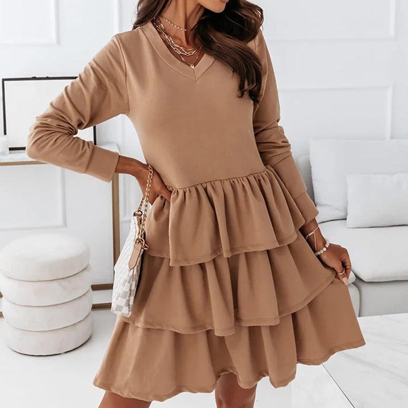 Autumn New Product Solid Color Long-sleeved V-neck Irregular Dress Women - Cruish Home