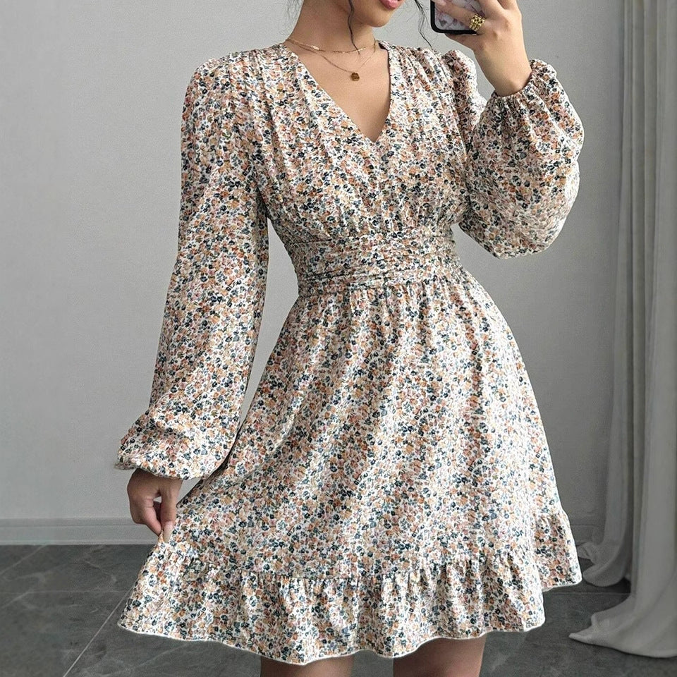 Printed V-neck Long-sleeve Dress Women